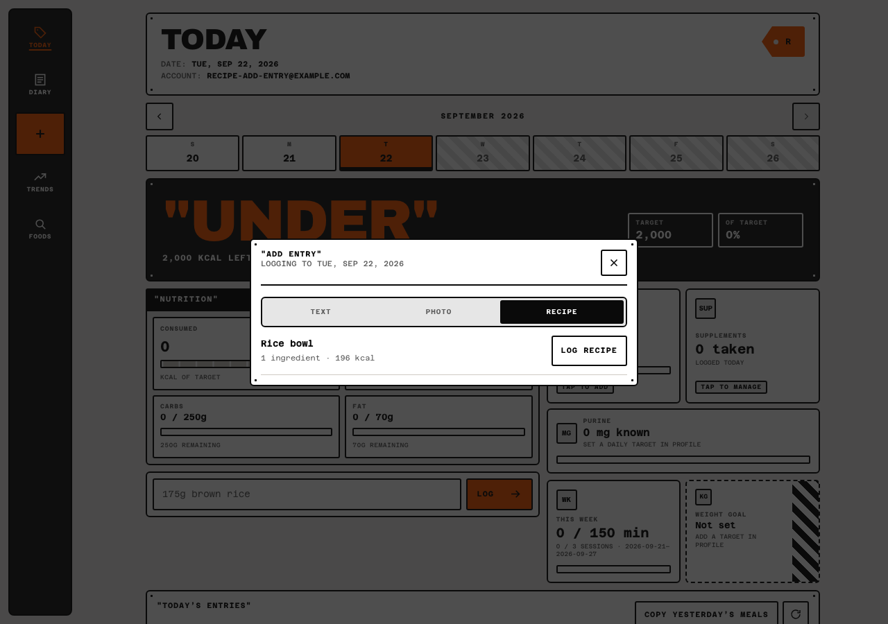 TP Tracker recipe logging screen on desktop, showing a sample rice bowl